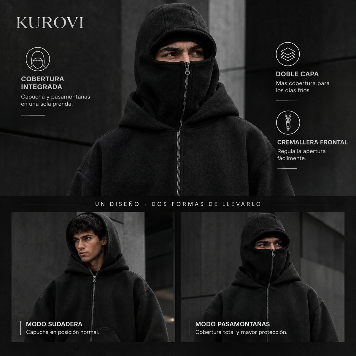 Kurovi — Sudadera Doble Capucha con Cierre, Polar Grueso